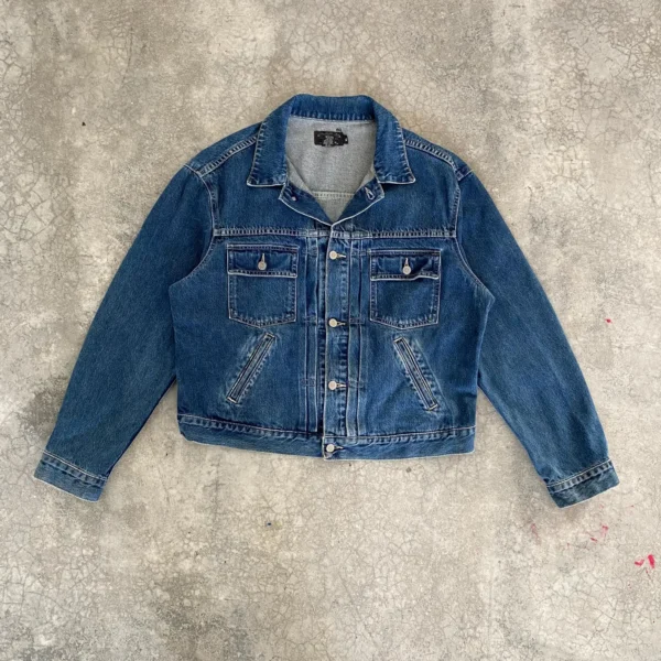 Vintage 90’s RRL Ralph Lauren Buckle Back Pleated Denim Jacket XL
