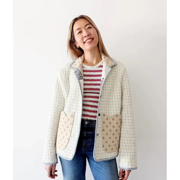 Relaxed Jacket Tulip Pockets: 1990s Cotton Windowpane Plaid Blanket white tan Size M/L