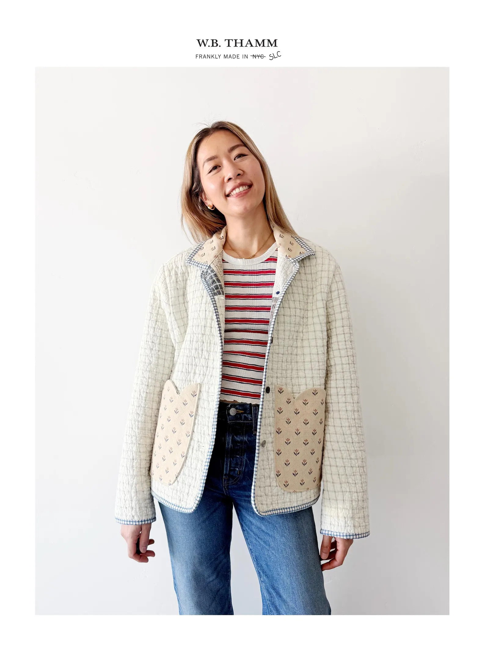 Relaxed Jacket Tulip Pockets: 1990s Cotton Windowpane Plaid Blanket white tan Size M/L