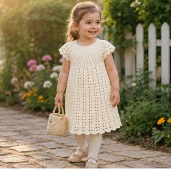 100% organic cotton, lovely ivory crochet dress, comfortable fit for 3/4 year toddler