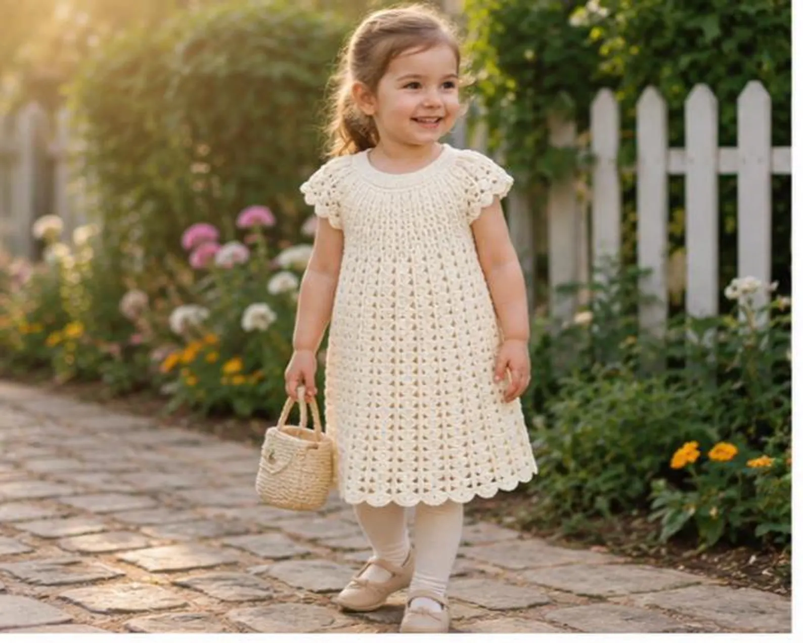 100% organic cotton, lovely ivory crochet dress, comfortable fit for 3/4 year toddler