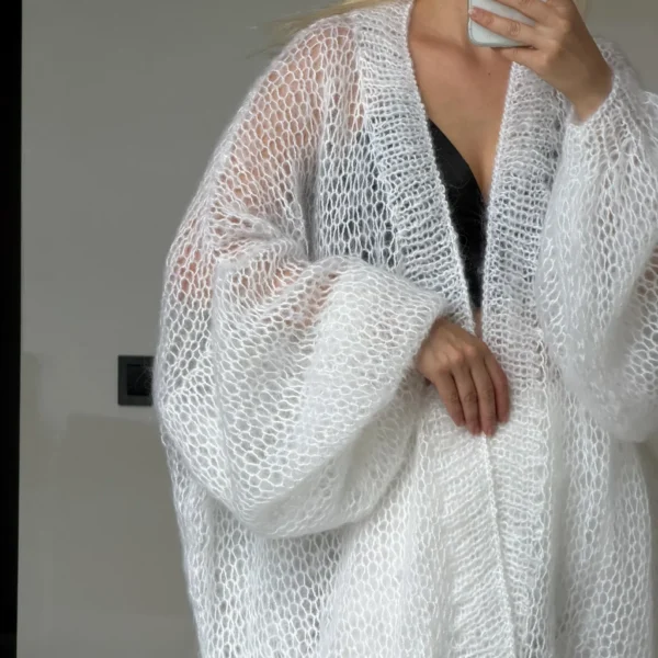 White Mohair Cardigan Bridal Knit Cardigan Long Fluffy Sweater Handmade Cozy Wedding Lay