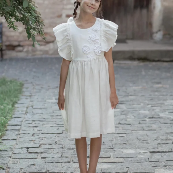 Bloom linen dress with crochet flowers, Romantic heirloom clothing for girl, White special occasion outfit, Baptism dress for toddler