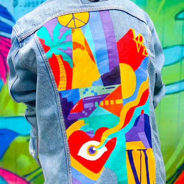 Custom Hand-Painted Denim Jacket: Flat Illustration