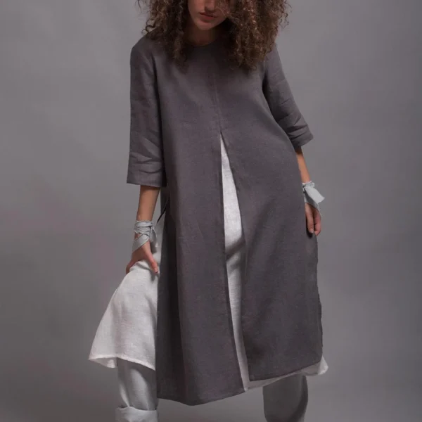 Gray Linen Tunic with High Slits, Relaxed Fit A-Line,  Clothing