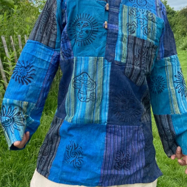 Handmade Cotton Patchwork Shirt: Nepali Blockprint Stonewash Design